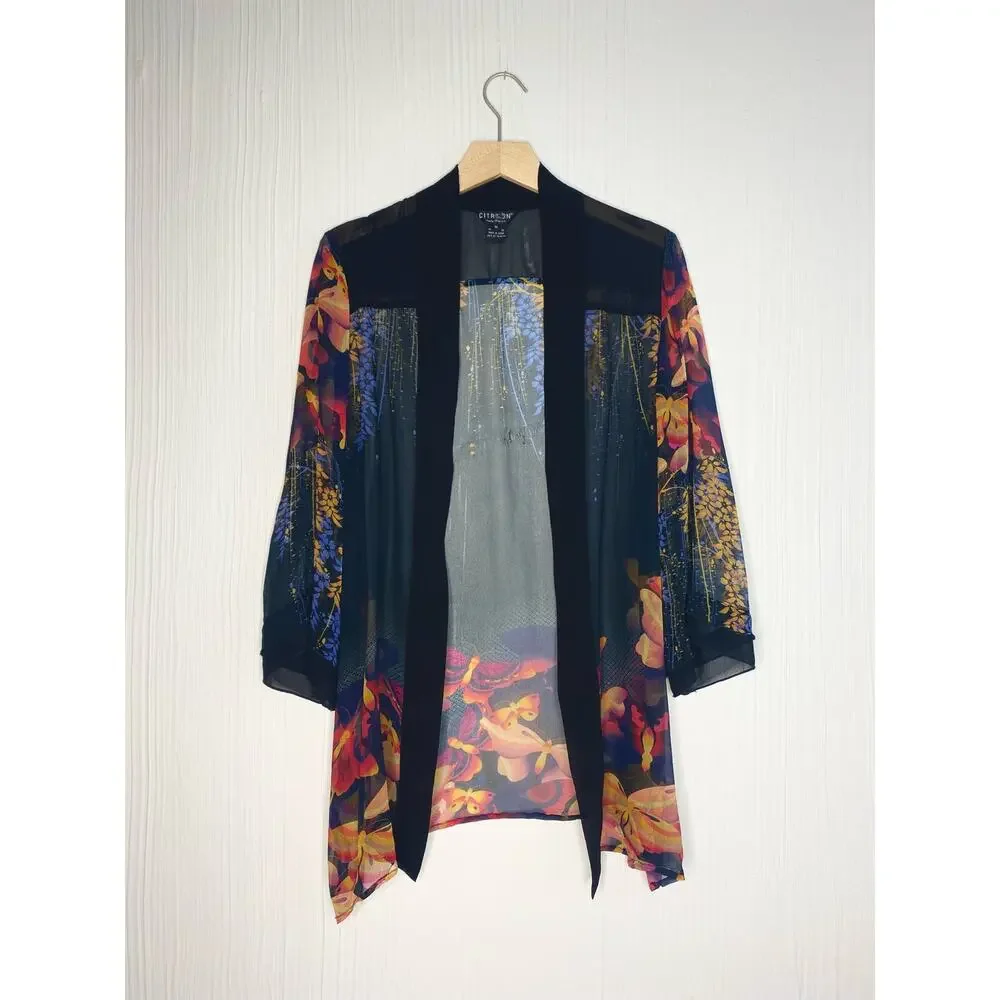 CITRON Black Sheer Silk Kimono Floral Butterflies US MEDIUM - Picture 10 of 15